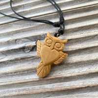 Handcarved Santigi Wood Owl Necklace, Boho Bird Pendant