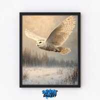 Snowy Owl in Flight Over Winter Forest - Majestic Wildlife Art, Rustic Winter Decor, Printable Vinta