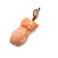 Carved Coral and 14K Gold Owl Pendant