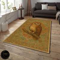 Vintage Owl Forest Rug, Earthy Green Orange Decor, Washable Non-Slip Area Carpet, Baroque Nature Pri