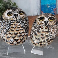 OWLS Rock Art Hand Painted, Detailed Handmade Professional Acrylic Rock Art w/ UV Weather Protection