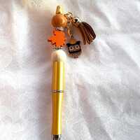 Fall Colors Leaf Wood Beaded Black Ink Pen with Tassle and Owl Charm