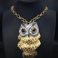 Vintage Large Gold Tone Chain Owl Pendant Necklace, 1960's 1970's Jewelry