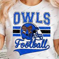 Owls Football PNG – Retro Blue and Black Helmet with Bow, Vintage Varsity Gameday Graphic, Dis