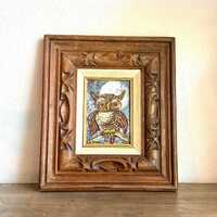 Vintage Handcarved Wood Framed Owl Painting