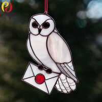 PDACE530 Stained Glass Owl with Letter Pattern – White Bird Suncatcher Template, DIY Tiffany S