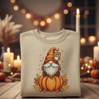 Autumn Gnome Embroidered Sweatshirt – Pumpkin and Owl Fall Design, Cozy Thanksgiving Crewneck,