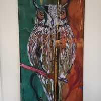Watcher Between Worlds – Abstract Owl Painting (1x2m Acrylic on Canvas)-Original Hand-Painted