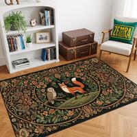 Fox and Owl Rug with Floral Vintage Pattern – Woodland Animal Carpet, Cottagecore Nature Decor