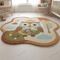Whimsical Owl Kids Rug – Multicolor Pastel & Brown, Irregular Shape, Cute Animal Cartoon P