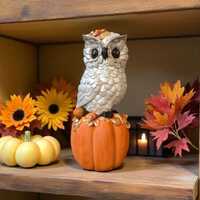 Handpainted Resin Fall Snow Owl & Pumpkin