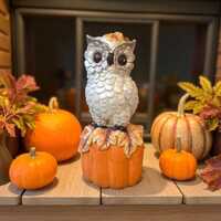 Handpainted resin fall snow owl & pumpkin