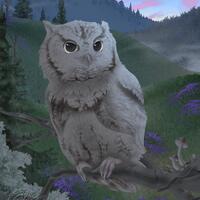 Screech Owl in a Lupine Mountainscape (Digital Illustration)