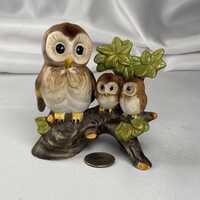 Vintage Korean Ceramic Owl Family Figurine: Hand-Painted Porcelain Collectible