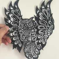 Owl Embroidery Patch - Biker Symbol Iron-On, Sew-On (9x7 in)