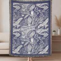 Owl and Birds Woven Throw Blanket: Linocut Folk Art, 100% Cotton