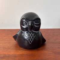 Vintage Canadian Carved Soapstone Winking Owl Sculpture, Handmade Paperweight