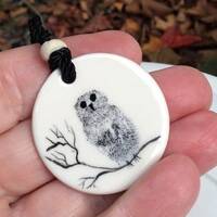 Vintage Porcelain Owl Pendant Necklace: Signed Sorenson Nova Scotia