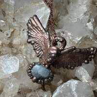 Electroformed Flying Owl Pendant | 3D Printed Copper Owl with Moonstone Gemstone | Owl Gift | Forest