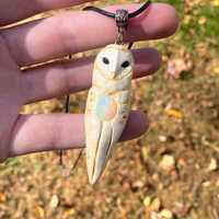 Ivory Clay Barn Owl Pendant: Natural Opal Boho Handmade Necklace