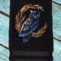 Embroidered Autumn Owl Hand Towel Black