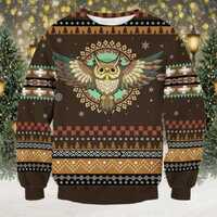Owl Christmas Sweater, Boho Woodland Owl Ugly Xmas Jumper, Vintage Tribal Pattern Holiday Pullover, 