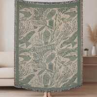 Owl and Birds Woven Throw Blanket: Linocut Folk Art, 100% Cotton