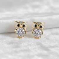 Diamond Owl Stud Earrings, Gold Studs for Women, Black Diamond Owl Earrings, Animal Jewelry Gift, Un