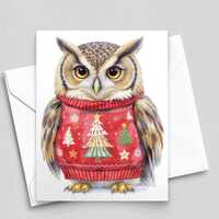 Christmas Owl Note Card – Cute Woodland Owl in Festive Sweater, Winter Animal Holiday Greeting