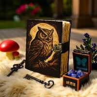 Handmade Leather Owl Journal with Lock Vintage Writing Diary, Embossed Grimoire Notebook, Wiccan Spe
