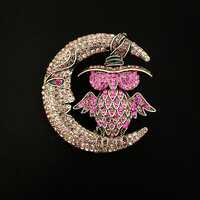 Owl in Moon Brooch, Rhinestone Moon Pin, Medieval Owl in Moon Brooch, Pink Sparkling Owl Brooch