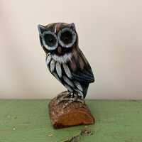 Vintage Hand Carved Owl Statue, Life-Like Wooden Decoy (4.75" Tall)