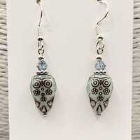 Dainty Owl Earrings: Dusky Soft Blue Brown Beads, Crystal Bicones, Sterling Silver Plated Hooks, Boh