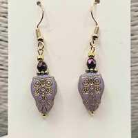 Owl Earrings: Lilac Lavender Gold Glass Beads, Hypoallergenic Hooks, Bohiemian Dangle Drop Birds, He
