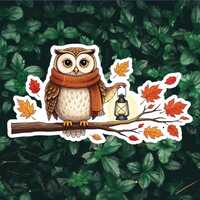 Autumn Owl Vinyl Sticker: Cozy Scarf, Lantern, Waterproof Laptop Decal