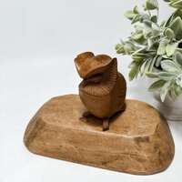 Vintage Hand Carved Wood Owl Figurine Mid Century Modern Decorative Accent