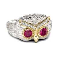 Crimson Gaze Owl Ring 925 Silver Ruby Eyes Diamond Feathered Nature Christmas Statement Jewelry