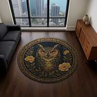 Golden Owl Round Rug: Botanical Medallion, Midnight Teal
