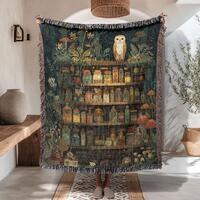 Magical Apothecary Owl 100% Cotton Woven Blanket, Herb Lore Woven Blanket, Nature Mystic Woven Blank