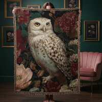 Floral White Owl Woven Throw Blanket | Botanical Flower Owl Design Blanket | Decorative Sofa Couch T