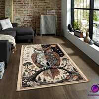 Owl art rug, mystical forest carpet with night and day design, detailed boho woodland decor aestheti