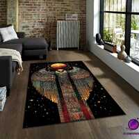 Mystical owl rug,celestial Egyptian art carpet with cosmic sun and wings design,boho gothic home dec