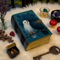 Owl and Raven Leather Journal – Handmade Grimoire Notebook with Lock, Blue Roses Witchy Book o