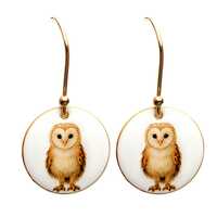 Barn Owl enamel earrings. Gold plated sterling silver.