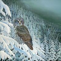Grey Owl Watercolor Print, Winter Landscape Art (11 x 14) Unframed