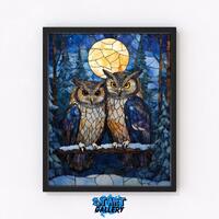 Cozy Winter Owls Stained Glass Effect - Printable Art with Snowy Trees and Moon, Rustic Woodland Dec
