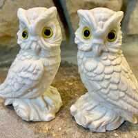 Vintage Italian Alabaster Owls, Set of Two, Stamped Italy, 1970s, Excellent Condition, Heavy, Gifts