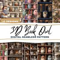 Cozy 3D Owl and Books Seamless Pattern Bundle | Cute Fluffy Owls on Bookshelves with Glasses | Whims