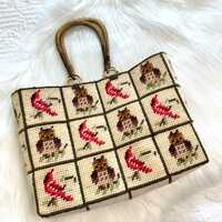Vintage Owl & Red Cardinal Needlepoint Bag, Fabric Lined Top Handle Bag, Handmade Cross Stitch P