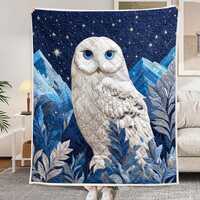 Snowy Owl Quilted Blanket, Blue Mountain Night Sky Quilt Throw, Cozy Winter Bedding Gift for Owl Lov